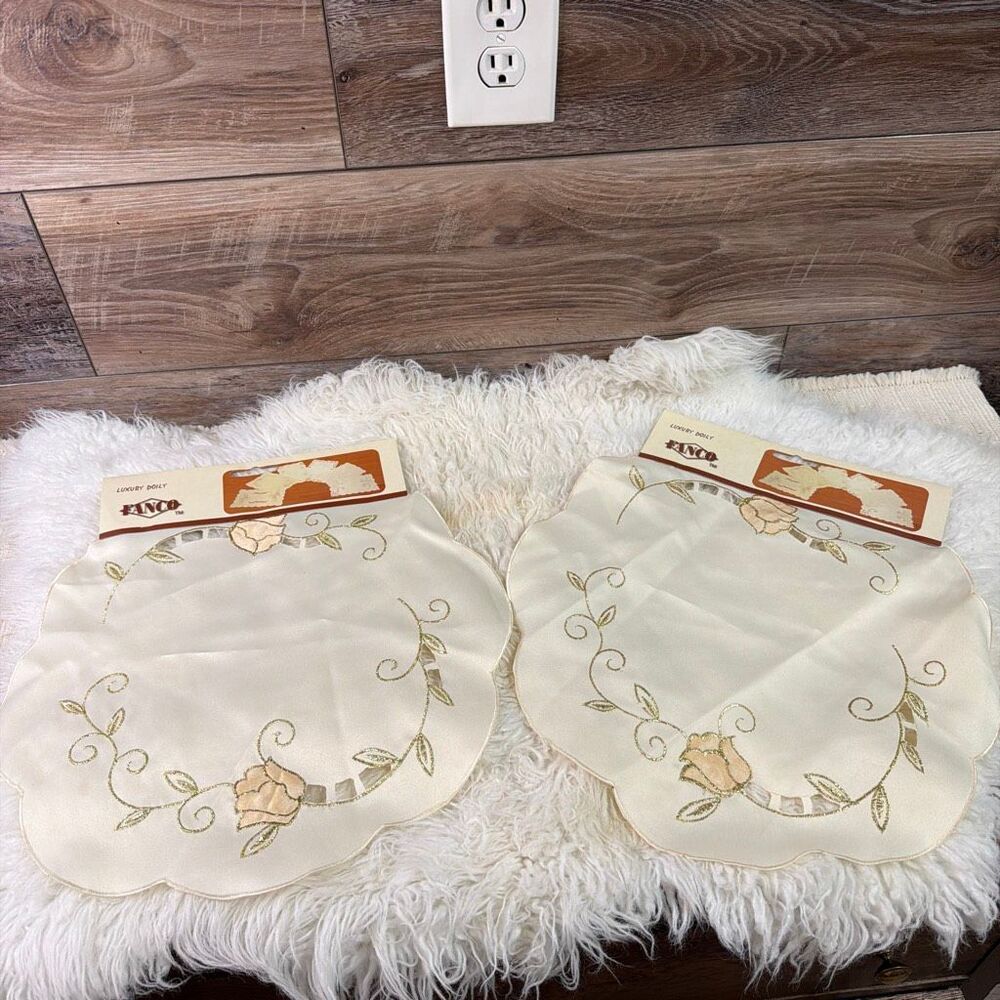 2 Fanco Vintage Luxury Doilies Cream Gold Embroidered Floral Elegant Decor 15”